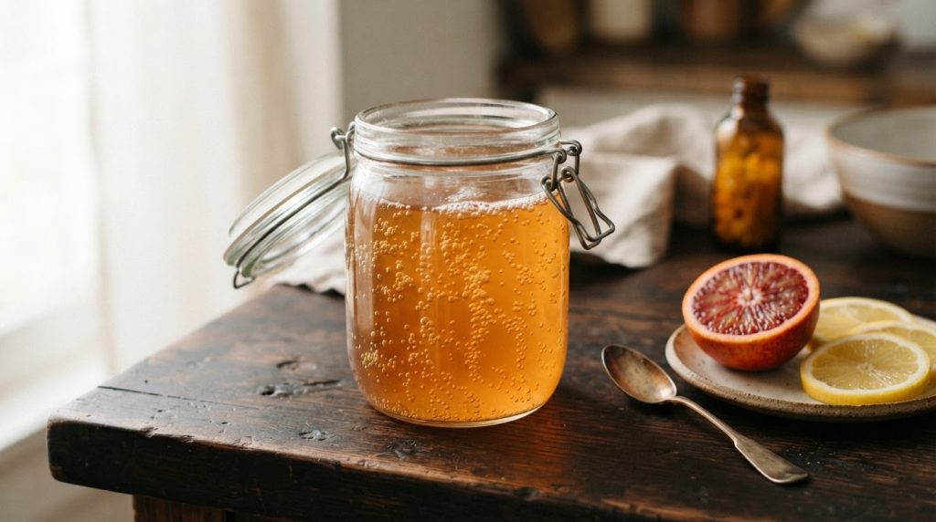 A close-up shows bubbles rising through amber water kefir in a glass jar beside citrus slices on a dark counter.