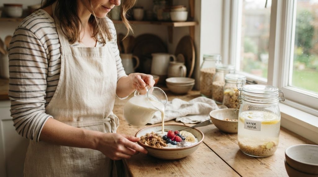 A person pours milk kefir into a breakfast bowl while a sealed jar of water kefir rests nearby in a softly lit home kitchen.