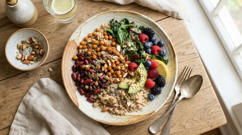 Overhead, a ceramic plate of beans, leafy greens, berries, whole grains, nuts, and seeds sits on a sunlit wooden table.