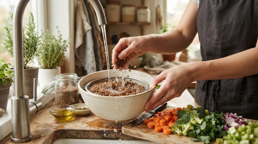 Hands rinse a bowl of lentils beside chopped vegetables in a softly lit home kitchen, with water droplets catching the light.