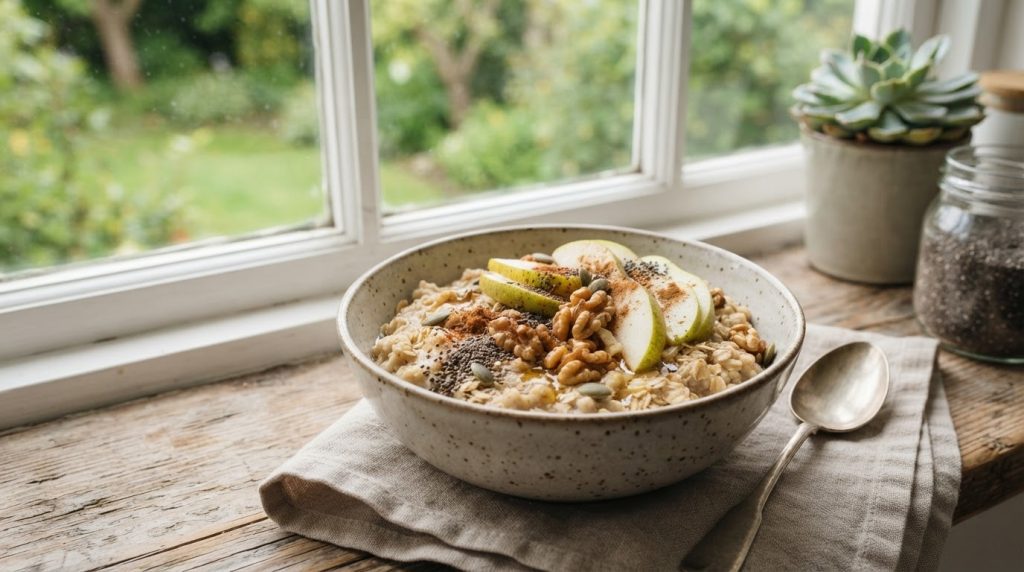A close-up of oats, chia seeds, sliced pear, and walnuts fills a breakfast bowl beside a bright morning window.