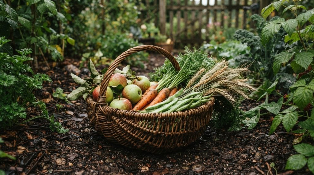 A woven basket of apples, carrots, beans, and whole-grain stalks rests on dark soil in a shaded garden after rain.