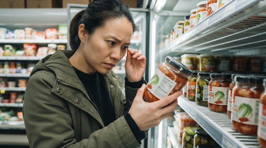 A shopper reads the small-print label on a plain jar of kimchi inside a brightly lit refrigerated grocery display.