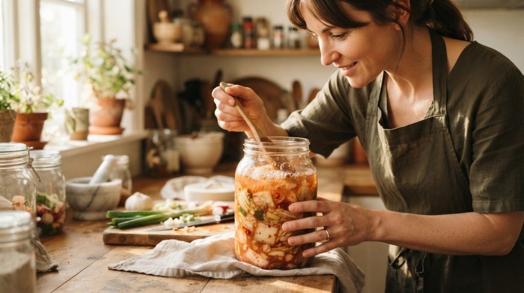 A cook checks bubbles in homemade kimchi fermenting in a glass jar on a warm, sunlit kitchen counter.