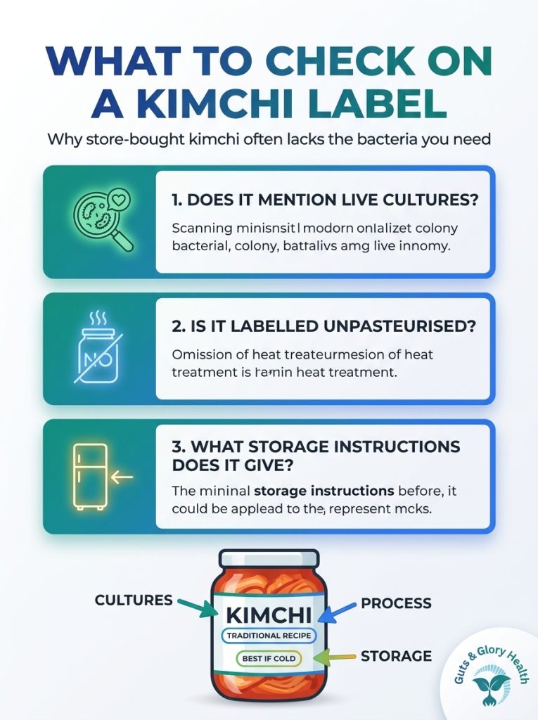 Kimchi label checklist showing what to look for when choosing kimchi with live bacteria