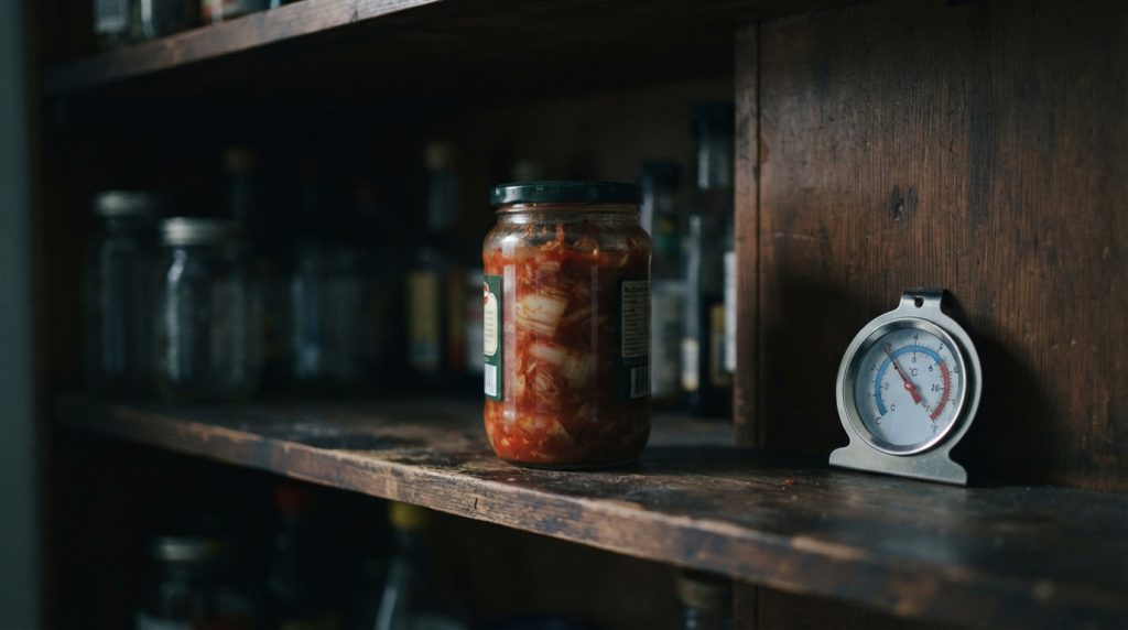 An unopened jar of kimchi sits alone on a dim pantry shelf beside a thermometer showing cool storage conditions.