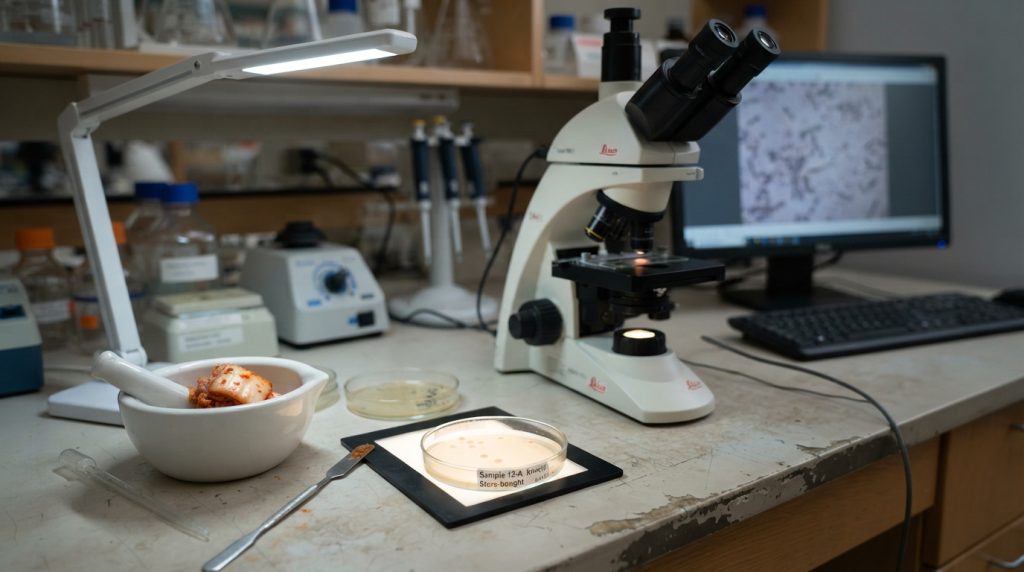A kimchi sample, petri dishes, and a microscope are arranged on a clean laboratory bench under cool task lighting.